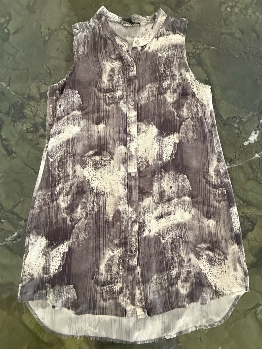 Eileen Fisher 100% Silk Ink Blot Gray and Cream Mandarin Collar Sleeveless Tunic